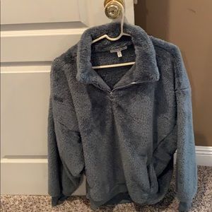 Furry fleece teal jacket- oversized with pockets